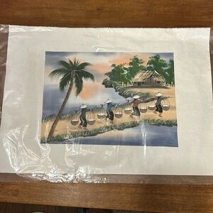 8 1/2 x 11” Vietnamese, hand painted silk, signed